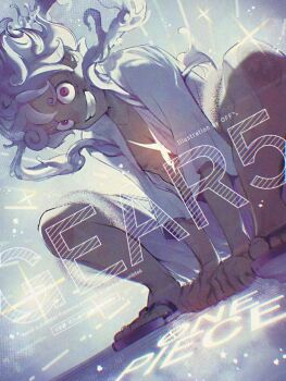 1boy arm_support commentary_request copyright_name cross_scar curly_hair facial_scar gear_fifth grin looking_at_viewer male_focus monkey_d._luffy one_piece open_clothes open_shirt red_eyes sandals scar scar_on_cheek scar_on_chest scar_on_face shirt short_hair shorts smile solo sparkle squatting transformation white_hair white_shirt white_shorts yum_xoxo_yum