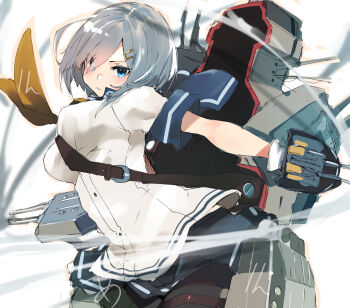 1girl adapted_turret anti-aircraft anti-aircraft_gun blue_eyes blue_sailor_collar blush breasts brown_pantyhose cannon gloves grey_hair grey_skirt hair_ornament hair_over_one_eye hairclip hamakaze_(kancolle) highres kantai_collection large_breasts looking_at_viewer machinery pantyhose pleated_skirt rigging sailor_collar school_uniform ship_turret short_hair short_sleeves skirt smokestack solo sunday_aki torpedo_launcher white_background white_gloves