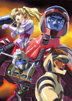 1980s_(style) 1girl 2boys absurdres bes_jordan blonde_hair blue_eyes blue_hair cosmo_yuki dark-skinned_male dark_skin densetsu_kyojin_ideon green_eyes gun hair_behind_ear helmet highres holding holding_gun holding_weapon ideon kasha_imhof looking_at_viewer looking_up male_focus mecha multiple_boys oldschool parted_lips pilot_helmet platin_(alios) ponytail retro_artstyle robot rocket_launcher science_fiction space super_robot visor weapon