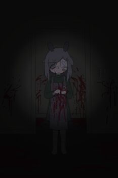 Rule 34 | 1girl, absurdres, animal ears, apron, bags under eyes, bandaid, bandaid on cheek, bandaid on face, blood, blood on clothes, blood on face, blood on ground, blood on wall, bloody weapon, closed mouth, dark, excessive blood, expressionless, eyepatch, full body, green eyes, green sweater, grey apron, grey hair, heart, highres, implied murder, jitome, looking at viewer, mentha (menthalovely), mint (menthalovely), original, rabbit ears, socks, solo, straight-on, sweater, turtleneck, turtleneck sweater, vignetting, weapon, white socks