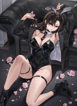 1girl animal_ears between_breasts black_carpet black_choker black_eyes black_hair black_jacket black_leotard black_necktie black_shoes black_socks blazer breasts choker cleavage commentary couch detached_collar dress_shoes flower full_body hand_in_own_hair highleg highleg_leotard highres jacket large_breasts leotard long_hair long_sleeves looking_at_viewer necktie necktie_between_breasts on_floor open_clothes open_jacket original parted_bangs pink_flower pink_rose playboy_bunny rabbit_ears rose sabotensuteeki shoes sitting socks strap symbol-only_commentary thigh_strap thighs unworn_shoes