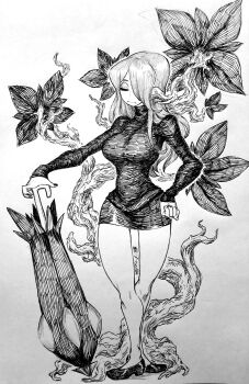 1girl absurdres branch breasts chronozbergh closed_eyes closed_mouth commentary dress english_commentary flower full_body graphite_(medium) hair_over_one_eye hand_on_own_hip highres large_breasts long_hair parasoul_(skullgirls) pencil_dress shoes short_dress simple_background skullgirls solo standing traditional_media umbrella white_background