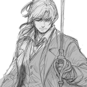 1boy absurdres alternate_costume arm_up beard_stubble buttons closed_eyes closed_mouth coat collarbone collared_coat collared_shirt dress_shirt facial_hair facing_viewer floating_hair formal_clothes glasses gloves gregor_(project_moon) greyscale hair_between_eyes hair_intakes half-closed_eyes hand_up hatching_(texture) highres holding holding_sword holding_weapon left-handed limbus_company long_hair long_sleeves looking_down low_ponytail male_focus monochrome necktie open_clothes open_coat parted_bangs photoshop_(medium) ponytail popped_collar project_moon rapier serious shadow shirt simple_background sketch solo standing stubble suit sword unsheathed upper_body vest weapon white_background wind wing_collar wuthering_heights_(identity)_(project_moon)