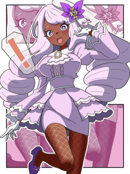 1girl :d blush breasts bright_pupils commentary_request dark-skinned_female dark_skin dress drill_hair fishnet_pantyhose fishnets gloves grey_eyes hair_ornament hand_up happy highres jacinthe_(pokemon) kanbei_(pixiv11037490) leg_up long_hair long_sleeves looking_at_viewer nintendo open_mouth outline pantyhose pokemon pokemon_legends:_z-a purple_dress purple_shoes shoes smile solo twin_drills white_gloves white_pupils zoom_layer