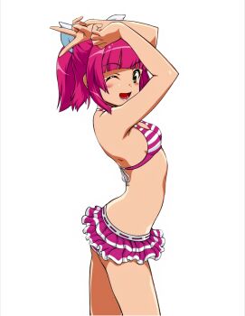 Rule 34 | arched back, arms up, bikini, bikini skirt, blunt bangs, blush, character request, cowboy shot, gingira paradise, green eyes, looking at viewer, official art, one eye closed, open mouth, photoshop (medium), pink hair, short hair, simple background, standing, striped bikini, striped clothes, swimsuit, v, white background