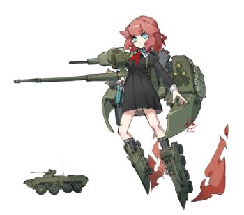 1girl armored_personnel_carrier armored_vehicle autocannon black_dress blue_eyes btr-80a cannon dress eight-wheel_drive frider gun machine_gun mecha_musume medium_hair military_vehicle motor_vehicle neckerchief personification pioneer_neckerchief red_hair red_neckerchief simple_background smoke_grenade_launcher soviet_school_uniform vehicle_and_personification war_thunder weapon wheel