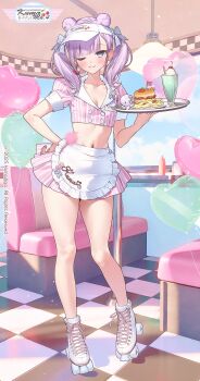 1girl absurdres apron blush bow breasts burger cleavage closed_mouth collarbone crop_top cropped_shirt diner double_bun food hair_bow hair_bun highres holding holding_tray kuma_4go long_hair looking_at_viewer midriff milkshake navel one_eye_closed original pink_shirt pink_skirt purple_eyes purple_hair roller_skates shirt skates skirt small_breasts solo tray twintails visor_cap waitress white_apron