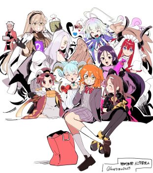Rule 34 | 1boy, 6+girls, ahoge, alternate costume, apron, aqua hair, archer (fate), beni-enma, beni-enma (first ascension), bird hat, blonde hair, blush, blush stickers, braid, brown hair, chacha (fate), choker, closed eyes, commentary request, demeter (fate), dragon horns, dress, elizabeth bathory (fate), elizabeth of the end (fate), fate/grand order, fate (series), feathered wings, feathers, fujimaru ritsuka (female), full body, glasses, hair over one eye, hairband, harpy, hat, hebi nyoubou (fate), highres, holding, horns, huge ahoge, jacket, japanese clothes, kimono, kneehighs, kuriimu0203, larva tiamat (fate), larva tiamat (first ascension) (fate), long hair, long horns, louhi (fate), louhi (third ascension) (fate), medium hair, minamoto no raikou (fate), monster girl, multiple girls, one side up, orange hair, pantyhose, parted bangs, pointy ears, purple eyes, purple hair, red eyes, red hair, sharp teeth, sitting, skirt, smile, socks, sweater, teeth, tiamat (fate), two side up, valentine, veil, very long hair, white hair, white veil, wide sleeves, winged arms, wings, yellow eyes