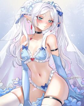 Rule 34 | 1girl, alternate costume, aqua eyes, bare shoulders, black choker, blue bow, blue bra, blue gloves, bow, bow panties, bra, breasts, choker, collarbone, commentary, earrings, elbow gloves, elf, english commentary, frieren, frilled panties, frills, gloves, hair in own mouth, highres, jewelry, long hair, medium breasts, navel, panties, parted bangs, pointy ears, princess ailish, sidelocks, sitting, solo, sousou no frieren, stomach, thigh strap, thighhighs, underwear, variant set, veil, very long hair, white hair, white thighhighs, white veil