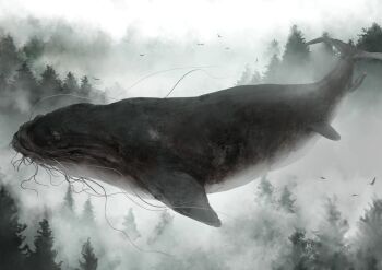 animal_focus commentary_request flying_whale fog forest highres illustrator_kota nature no_humans original outdoors plant simple_bird tree whale
