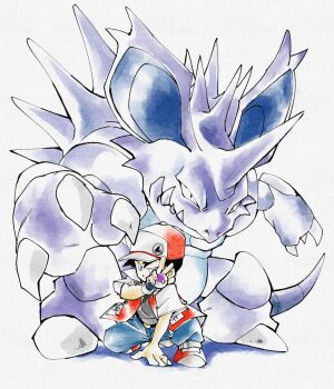 1boy black_hair blue_pants fenyon gen_1_pokemon hand_on_ground highres holding holding_poke_ball horns monster nidoking nintendo pants poke_ball pokemon pokemon_(creature) pokemon_rgby red_(pokemon) red_footwear red_headwear single_horn teeth white_background