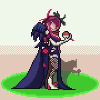 1girl bare_shoulders fascinator fire_emblem fire_emblem_engage fishnet_thighhighs fishnets genk02020n holding holding_poke_ball ivy_(fire_emblem) long_hair looking_at_viewer nintendo poke_ball pokemon purple_eyes purple_hair see-through_clothes see-through_headwear spiked sprite_art thighhighs thorn_print