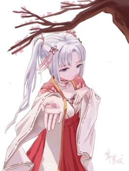 1girl artist_name closed_mouth collarbone curtained_hair flower from_above hair_ornament hakama hakama_skirt hand_on_own_chest high-waist_skirt highres in_palm japanese_clothes jiawenqing long_sleeves nontraditional_miko palms pink_flower purple_eyes red_hakama senren_banka simple_background skirt solo tomotake_yoshino tree twintails white_background white_hair wide_sleeves