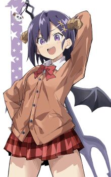 1girl arm_up as_buppa bow bowtie brown_vest commentary_request cowboy_shot demon_girl demon_horns demon_wings gabriel_dropout highres horns miniskirt open_mouth pleated_skirt polearm purple_eyes purple_hair red_bow red_bowtie red_skirt school_uniform short_hair simple_background skirt solo teeth thighs trident upper_teeth_only vest vignette_tsukinose_april weapon white_background wings