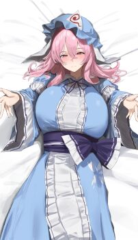 1girl 258n belt_around_waist blue_dress blue_hat blush breast_focus breasts dress frilled_dress frilled_sleeves frills hat highres huge_breasts long_hair long_sleeves looking_at_viewer lying on_back on_bed outstretched_arms pink_eyes pink_hair saigyouji_yuyuko shiny_clothes smile solo touhou white_background
