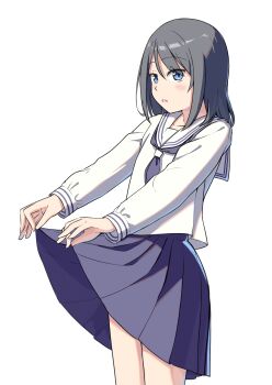 Rule 34 | 1girl, absurdres, blue eyes, blue skirt, blush, clothes lift, collarbone, commentary request, cowboy shot, from side, grey hair, highres, lifting own clothes, long sleeves, looking at viewer, negimiso1989, original, parted lips, pleated skirt, sailor collar, school uniform, serafuku, shirt, simple background, skirt, skirt lift, solo, standing, white background, white sailor collar, white shirt