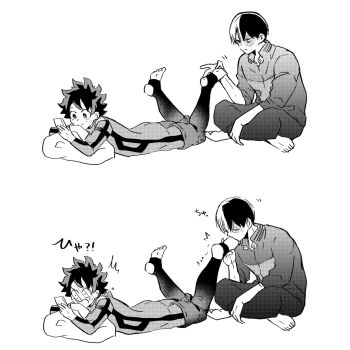 2boys artist_request awkward boku_no_hero_academia bones_(company) cellphone embarrassed feet freckles legs_up licking_foot lying midoriya_izuku multicolored_hair multiple_boys nervous on_stomach phone scar screaming shocked_pupils shounen_jump sitting smile soles superhero_costume surprised todoroki_shoto toes two-tone_hair yaoi