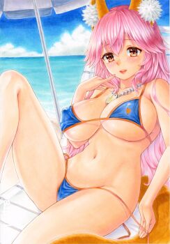 1girl animal_ear_fluff animal_ears beach_chair bikini blue_sky breasts brown_eyes chair cloud commentary_request covered_erect_nipples day double-parted_bangs fate/grand_order fate_(series) hair_between_eyes hand_up horizon knee_up large_breasts looking_at_viewer marker_(medium) mikeko_(mikeko135) navel on_chair open_clothes outdoors parasol partial_commentary pink_hair reclining side-tie_bikini_bottom sky solo stomach swimsuit tail tamamo_(fate) tamamo_no_mae_(fate) tamamo_no_mae_(swimsuit_lancer)_(fate) traditional_media umbrella untied_bikini