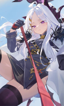 1girl absurdres ahoge black_gloves black_skirt blue_archive blue_jacket blush closed_mouth commentary demon_girl demon_horns demon_wings forehead fur-trimmed_jacket fur_trim gloves grey_hair halo highres hina_(blue_archive) holding holding_leash horns jacket leash long_hair looking_at_viewer miniskirt pov purple_eyes purple_halo purple_thighhighs side_slit skirt solo suye sweatdrop thighhighs very_long_hair viewer_on_leash wings