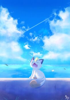 animal_focus blue_sky cat closed_eyes cloud contrail fangs gen_1_pokemon highres meowth natu_a0z0ra nintendo no_humans ocean open_mouth outdoors pokemon pokemon_(creature) pokemon_focus psyduck sky tail water yawning