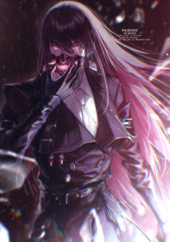 Rule 34 | 1girl, artist name, belt, black belt, black coat, black gloves, black hair, coat, collared shirt, earrings, gloves, glowing, glowing eyes, gradient hair, hashtag-only commentary, highres, jewelry, long hair, mask, mouth mask, mu0hae, multicolored hair, necktie, path to nowhere, rahu (path to nowhere), scar, scar across eye, scar on face, shirt, solo, very long hair, white necktie, white shirt