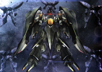 artist_request battle fleet glowing glowing_eyes gundam gundam_perfect_file gundam_zz lens_flare machinery mecha mecha_focus mobile_suit neo_zeon no_humans official_art promotional_art qubeley_mass_production_type quin_mantha realistic red_eyes robot scan scene_reference science_fiction