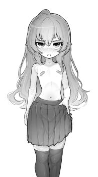 1girl aisaka_taiga bandaid bandaids_on_nipples blush feet_out_of_frame female_focus flat_chest greyscale hand_on_own_hip highres loli long_hair looking_at_viewer monochrome navel pasties pleated_skirt rodecchi simple_background skirt solo standing thighhighs topless_female toradora! zettai_ryouiki