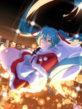 1girl alternate_costume aqua_hair black_sky breasts capelet christmas city closed_mouth commentary_request double-parted_bangs dress floating_hair from_side fur-trimmed_capelet fur_trim green_eyes hair_between_eyes hair_ribbon hatsune_miku highres layered_dress long_bangs long_hair looking_at_viewer looking_to_the_side midair multicolored_dress night outdoors red_capelet red_ribbon ribbon santa_costume sky smile solo star_(sky) starry_sky turning_head vocaloid yana_(gsgk0jxuweehcss)