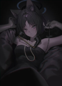 Rule 34 | 1girl, absurdres, alternate costume, animal ears, black dress, black hair, blue archive, blue halo, blush, cat ears, cat girl, commentary, dress, grey eyes, halo, highres, kikyou (blue archive), looking at viewer, raki kr, short hair, solo, untranslatable commentary