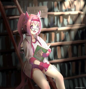 1girl animal_ears book commentary desuuuu english_commentary glasses haru_urara_(bestest_prize)_(umamusume) haru_urara_(umamusume) high_ponytail highres horse_ears horse_girl horse_tail long_hair looking_at_viewer meme open_mouth pink_eyes pink_hair ponytail smile tail umamusume upside-down_book vegeta_reading_(meme)