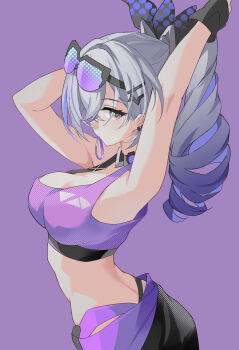 Rule 34 | 1girl, absurdres, armpits, arms behind head, arms up, bare shoulders, breasts, cleavage, crop top, drill hair, drill ponytail, earrings, evzeva, expressionless, eyewear on head, fingerless gloves, gloves, goggles, goggles on head, grey eyes, grey hair, hair ornament, hair tie, hair tie in mouth, hairclip, highres, honkai: star rail, honkai (series), jewelry, large breasts, long hair, looking at viewer, mouth hold, ponytail, purple-tinted eyewear, purple shirt, shirt, silver wolf (honkai: star rail), solo, tinted eyewear