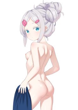 1girl absurdres ass blue_eyes breasts commentary_request completely_nude deux_murasame expressionless from_behind grey_hair gundam gundam_gquuuuuux hair_ornament hairclip highres hong_si_lin loli long_hair looking_at_viewer nipples nude small_breasts solo thighs unworn_clothes