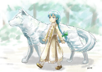 Rule 34 | 1girl, animal, blue eyes, blue hair, bow, dog, dress, forest, green bow, lara greyrat, leo (mushoku tensei), looking at viewer, mushoku tensei, nature, outdoors, oversized animal, reiss atelier, tree, yellow dress