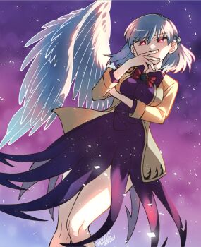 1girl arm_under_breasts bare_legs braid breasts collared_shirt dated ears expressionless feathered_wings fingernails french_braid from_below glitter hair_between_eyes hand_to_own_mouth highres jacket kishin_sagume knees legs long_sleeves looking_at_viewer medium_breasts nose purple_sky red_eyes shikido_(khf) shirt short_hair signature single_wing sky standing sunlight touhou white_wings wings