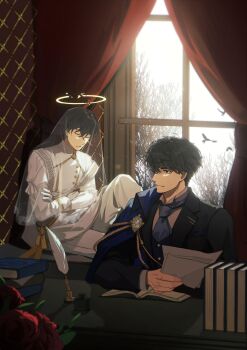 2boys absurdres alternate_costume black_hair black_vest blue_jacket blue_necktie blue_vest book book_stack closed_eyes collared_shirt commentary_request crossed_arms desk flower gloves halo head_down highres holding holding_paper indoors jacket jacket_over_shoulder kim_dokja knee_up looking_at_another looking_back male_focus multiple_boys necktie omniscient_reader&#039;s_viewpoint on_windowsill paper quill rose sanjinmogufufu shirt short_hair shoulder_pads simple_bird sleeping unworn_jacket vase veil vest white_gloves white_shirt window yoo_joonghyuk