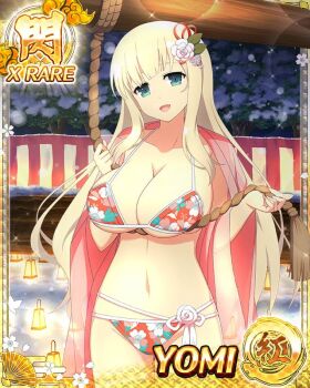 1girl aqua_eyes bikini blonde_hair border breasts card_(medium) cleavage floral_print floral_print_kimono flower game_cg hair_flower hair_ornament hairclip holding holding_rope japanese_clothes kimono large_breasts long_hair looking_at_viewer navel new_year non-web_source official_alternate_costume official_art open_clothes open_kimono open_mouth print_kimono red_bikini red_kimono rope senran_kagura senran_kagura_new_wave shrine skindentation smile snowing solo swimsuit yomi_(senran_kagura)