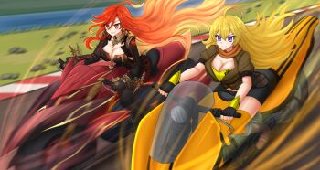 2girls ahoge biker_clothes bikesuit black_bodysuit black_gloves blonde_hair bodysuit breasts cleavage ember_celica_(rwby) fingerless_gloves genshin_impact gloves grass highres jewelry kazenokaze large_breasts long_hair mavuika_(genshin_impact) motor_vehicle motorcycle multicolored_hair multiple_girls orange_hair purple_eyes red_hair river road rwby smile two-tone_hair very_long_hair yang_xiao_long