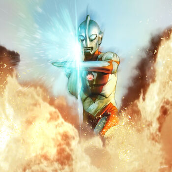 Rule 34 | 1boy, alien, artist name, blue eyes, blue sky, color timer, colored skin, commentary, compound eyes, crossed wrists, day, dias (tajima kouki), dorsal fin, energy beam, fire, giant, giant male, glowing, glowing eyes, hands up, highres, knee up, looking ahead, male focus, multicolored skin, no pupils, outdoors, pectorals, red skin, silver skin, sky, smoke, solo, tokusatsu, toned, toned male, two-tone skin, ultra beam, ultra series, ultraman: the ultimate hero, ultraman powered, wrinkled skin, wrist blades