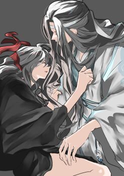 2boys absurdres alternate_hairstyle bare_legs black_hair black_hanfu blue_eyes blue_sash chinese_clothes clothes_grab couple grey_background hair_down hair_ribbon hair_spread_out hanfu headband highres lan_wangji long_hair long_sleeves looking_at_another lying male_focus modao_zushi multiple_boys naruse_(kmk648) on_side parted_lips profile red_eyes red_ribbon ribbon robe sash simple_background sitting tassel untied_ribbon wei_wuxian white_hanfu white_headband wide_sleeves yaoi yaopei