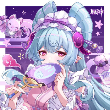 Rule 34 | 1girl, absurdres, apron, aqua hair, blush, closed mouth, commentary request, folding fan, frilled apron, frilled hairband, frills, genshin impact, hair between eyes, hair ornament, hairband, hand fan, hands on own cheeks, hands on own face, highres, holding, holding fan, japanese clothes, kimono, long hair, long sleeves, looking at viewer, ly liuyue y, maid, maid apron, maid headdress, nihongami, pink kimono, pointy ears, portrait, purple eyes, smile, solo, upper body, very long hair, wa maid, white apron, yumemizuki mizuki