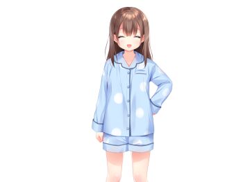 1girl :d aiyoku_shimai_lolita blue_pajamas blue_shirt blue_shorts brown_hair buttons chiaki_(aiyoku_shimai_lolita) closed_eyes cowboy_shot facing_viewer game_cg hand_on_own_hip large_variant_set long_hair long_sleeves non-web_source open_mouth pajamas piyodera_mucha polka_dot polka_dot_shirt polka_dot_shorts shirt shorts simple_background smile solo tachi-e transparent_background variant_set
