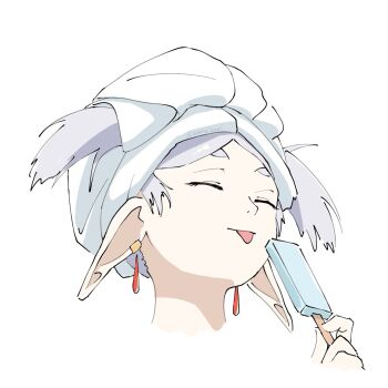 1girl closed_eyes closed_mouth commentary droopy_ears earrings elf english_commentary food frieren grey_hair highres holding holding_food holding_popsicle jewelry long_hair pointy_ears popsicle serialboel simple_background smile solo sousou_no_frieren thick_eyebrows tongue tongue_out towel towel_on_head white_background