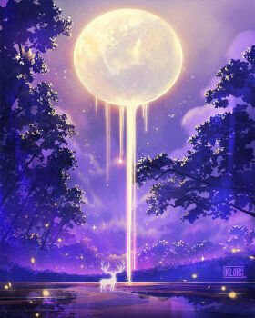 antlers cloud deer deer_antlers dripping forest full_moon glowing horns kloir lake landscape light_particles liquid moon moonlight nature night no_humans original painterly purple_sky scenery sky sparkle standing standing_on_liquid star_(sky) starry_sky