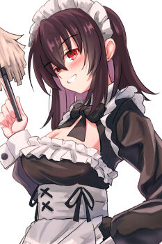 Rule 34 | 1girl, absurdres, alternate costume, apron, black bow, black bowtie, black dress, blush, bow, bowtie, breasts, brown hair, cleavage, commentary request, dress, duster, enmaided, grin, highres, holding, holding duster, large breasts, long sleeves, looking at viewer, maid, maid day, maid headdress, medium hair, red eyes, shameimaru aya, simple background, smile, solo, touhou, upper body, waist apron, white apron, white background, yuuka (a0240765)