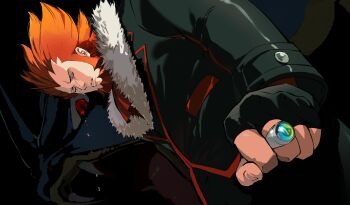 1boy ascot beard black_gloves black_jacket black_pants closed_eyes commentary_request crying cutegua dutch_angle facial_hair fangs fingerless_gloves fur-trimmed_jacket fur_trim gen_1_pokemon gloves gyarados highres jacket jewelry long_sleeves lysandre_(pokemon) male_focus mega_ring mega_stone nintendo open_mouth pants parted_lips pokemon pokemon_(creature) pokemon_xy red_ascot red_eyes red_hair red_trim ring slit_pupils solo standing tears tongue white_fur