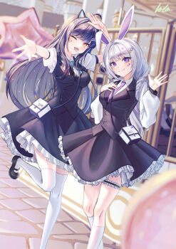 2girls absurdres amusement_park animal_ears bag balloon black_hair black_shoes black_skirt black_vest blue_hair breasts carousel cat_ears collared_shirt commentary decora english_commentary facial_mark facial_tattoo fake_animal_ears frilled_skirt frills grey_hair hair_ornament hairclip highres ine_(vtuber) kneehighs lala_2080 lilpa long_hair long_sleeves looking_at_viewer mary_janes medium_breasts multiple_girls necktie one_eye_closed open_mouth outdoors purple_eyes purple_necktie rabbit_ears shirt shoes short_sleeves shoulder_bag skirt smile socks standing standing_on_one_leg star_(symbol) star_balloon star_hair_ornament star_tattoo tattoo thigh_strap thighhighs triangle_hair_ornament vest virtual_youtuber waktaverse waving white_hair white_shirt white_socks white_thighhighs yellow_eyes