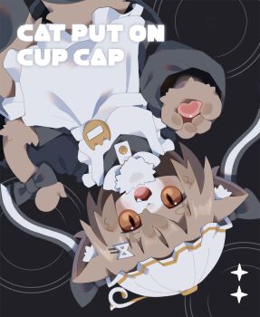 1girl :3 absurdres animal_ear_fluff animal_ears animal_hands apron black_background black_bow black_dress black_thighhighs body_fur bow brown_eyes brown_fur brown_hair cat_ears cat_girl cat_tail cowboy_shot dress english_text fang frilled_apron frills furry furry_female hand_up highres light_blush long_sleeves looking_at_viewer maid maid_apron medium_hair neck_fur nikamoka open_mouth original short_eyebrows slit_pupils solo sparkle tail tail_bow tail_ornament thighhighs upside-down white_apron white_fur