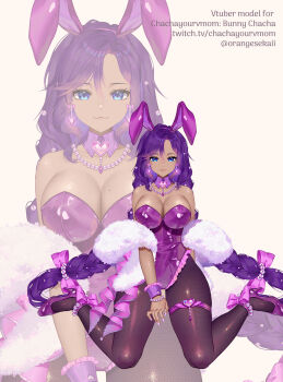 1girl blue_eyes bow braid breasts cha_cha_(vtuber) cleavage dark-skinned_female dark_skin detached_collar earrings fishnet_pantyhose fishnets heart high_heels highres indie_virtual_youtuber jewelry large_breasts leotard long_hair mature_female mole mole_under_mouth necklace official_art orange_sekaii pantyhose pink_bow playboy_bunny purple_hair purple_leotard reference_sheet simple_background thick_thighs thigh_strap thighs twin_braids very_long_hair virtual_youtuber wrist_cuffs