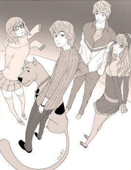 2boys 2girls animification cartoon_network daphne_blake everyone fred_jones monochrome multiple_boys multiple_girls osy057 pantyhose pink_theme scarf scooby-doo scooby-doo_(character) shaggy_rogers thighhighs velma_dinkley zettai_ryouiki