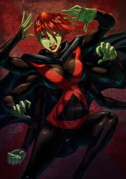 1girl alien cape colored_skin dc_comics emmshin extra_arms green_skin miss_martian red_hair short_hair solo superhero_costume young_justice